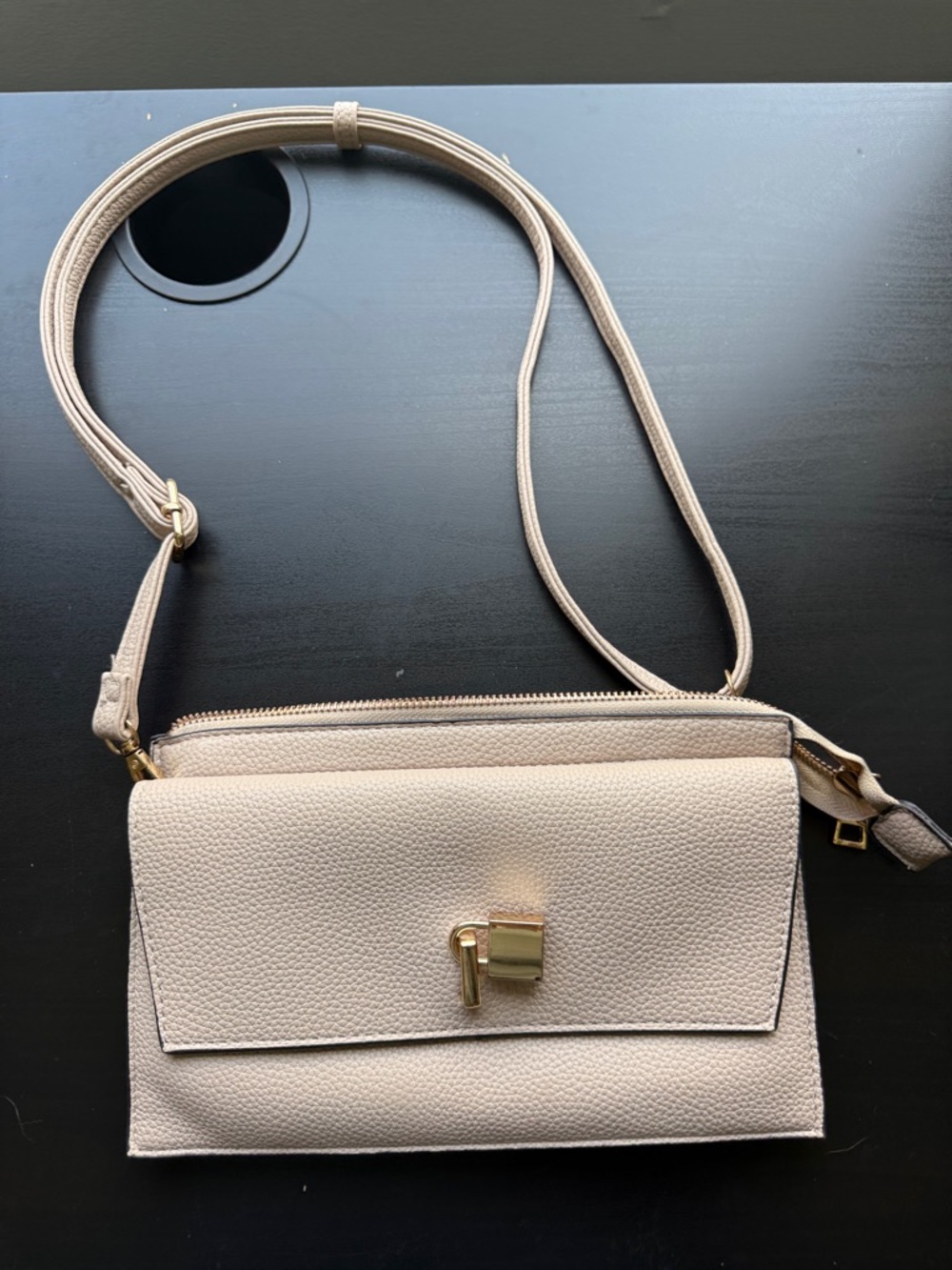 Cream Pebbled Crossbody Bag with Gold Lock Detail